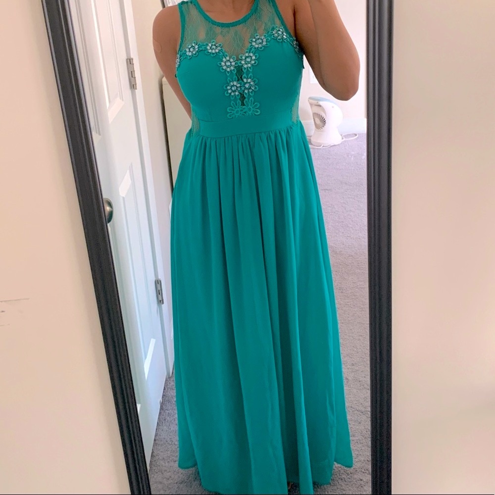 turquoise floral lace prom dress